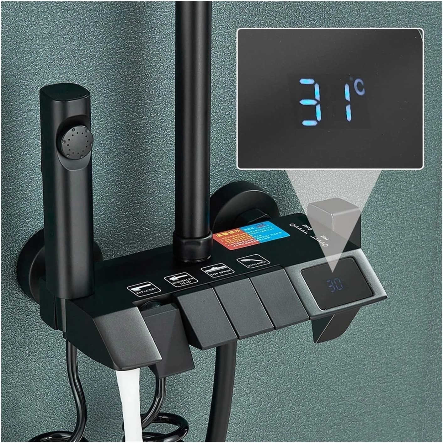 نمایی از عملکرد نمایشگر دیجیتال دمای آب در دوش حمام Hyshin-8099